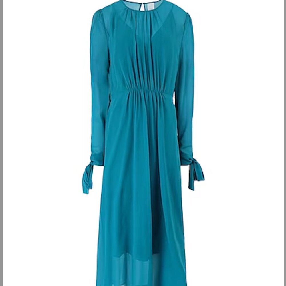 NWT size 4 S Silk Chiffon Midi Pleated Dress Asymmetric Hem Lined Turquoise Blue